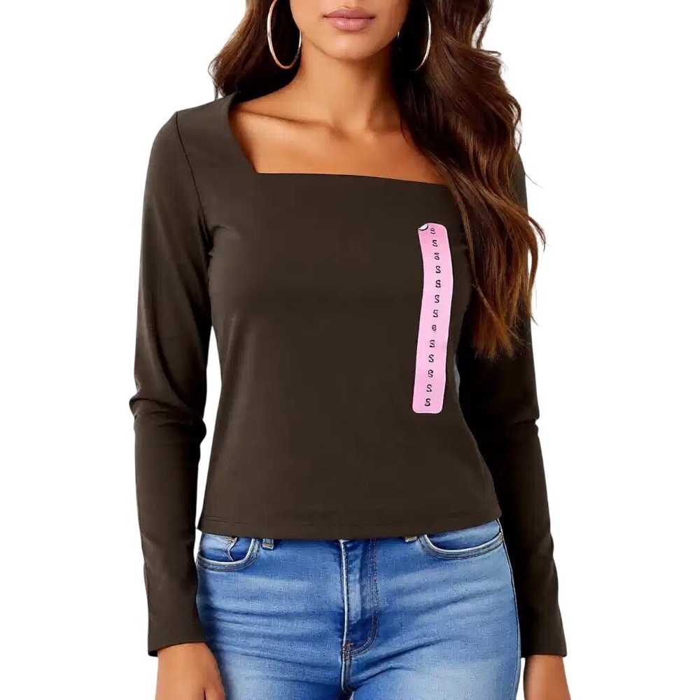 Express Womens Squareneck Top Long Sleeve Knit Shirt Olive‎ Brown Size S NWT